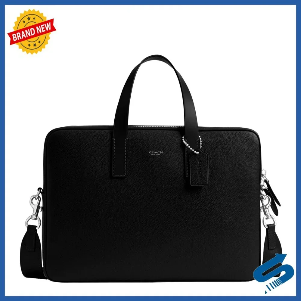Leather Briefcase with Laptop Sleeve, Detachable Crossbody Strap
